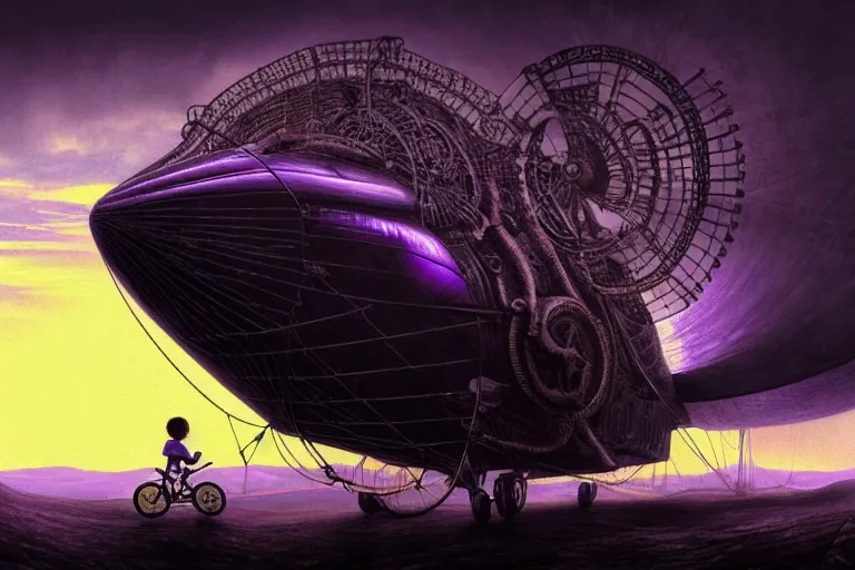 Prompt: kid rides a bicycle waving good bye to the airship at sunset, in the style of giger, intricate and epic composition, purple by caravaggio, insanely quality, highly detailed, masterpiece, purple light, artstation, 4 k