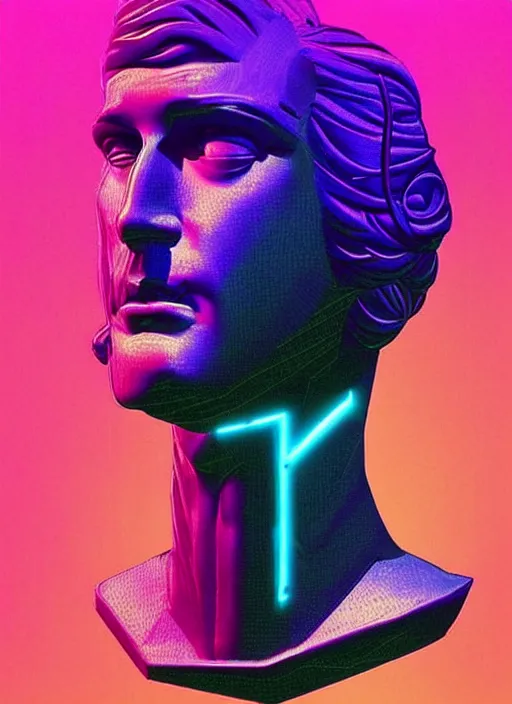 Prompt: bust of hercules, beeple, android jones, vaporwave, retrowave, black background, neon wiring, black, glitch, strong contrast, cuts, pinterest, trending on artstation