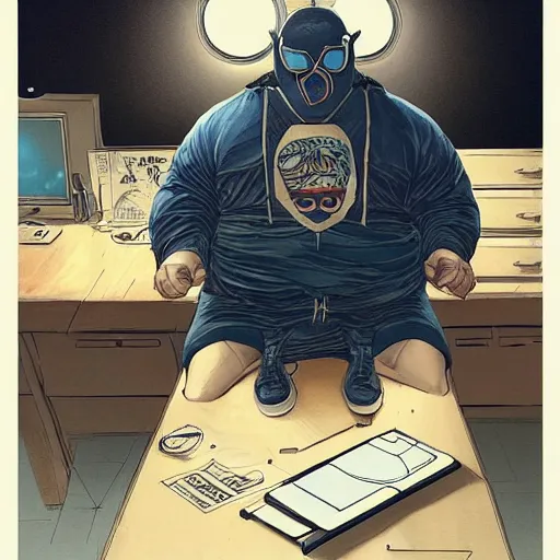 Image similar to an insanely detailed painting of a chubby asian man wearing a homemade superhero costume and mask, sitting at a computer desk typing on the keyboard, in the style of peter mohrbacher, dramatic lighting and composition, trending on artstation, concept art, comic book, graphic novel, back view