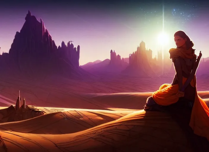 Image similar to science fiction wallpaper, pc game, point - and - click adventure, daedalic entertainment, desert with city in the skyline, two suns, purple orange colors, sharp focus, illustration, highly detailed, digital painting, concept art, matte, art by wlop and artgerm and greg rutkowski and alphonse mucha, masterpiece