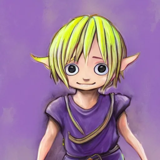 Prompt: little boy wearing an tunic, blonde hair. purple and yellow color palate, detailed soft painting, made in abyss art style, anatomically correct