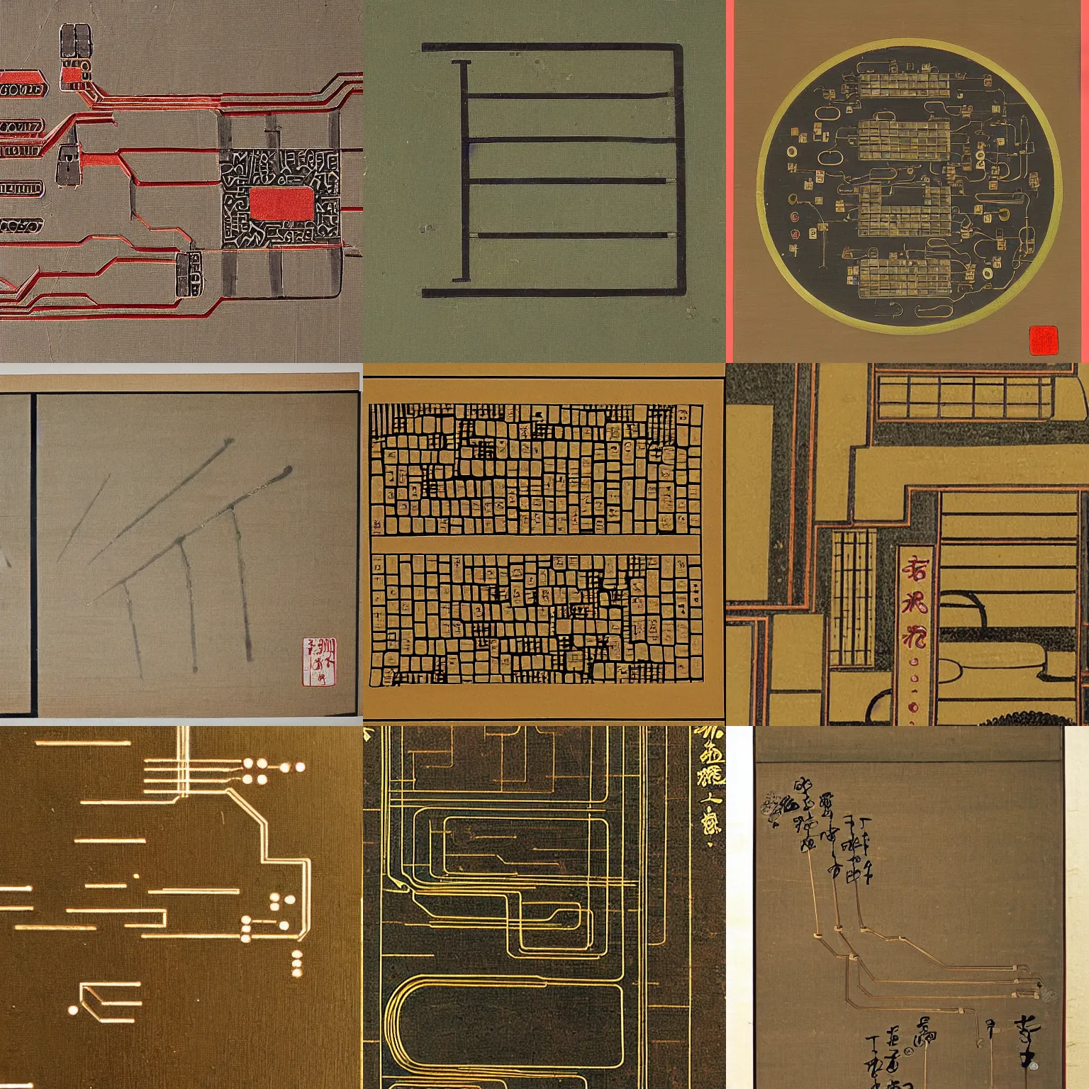 Prompt: ancient japanese painting of a circuit board, high detail