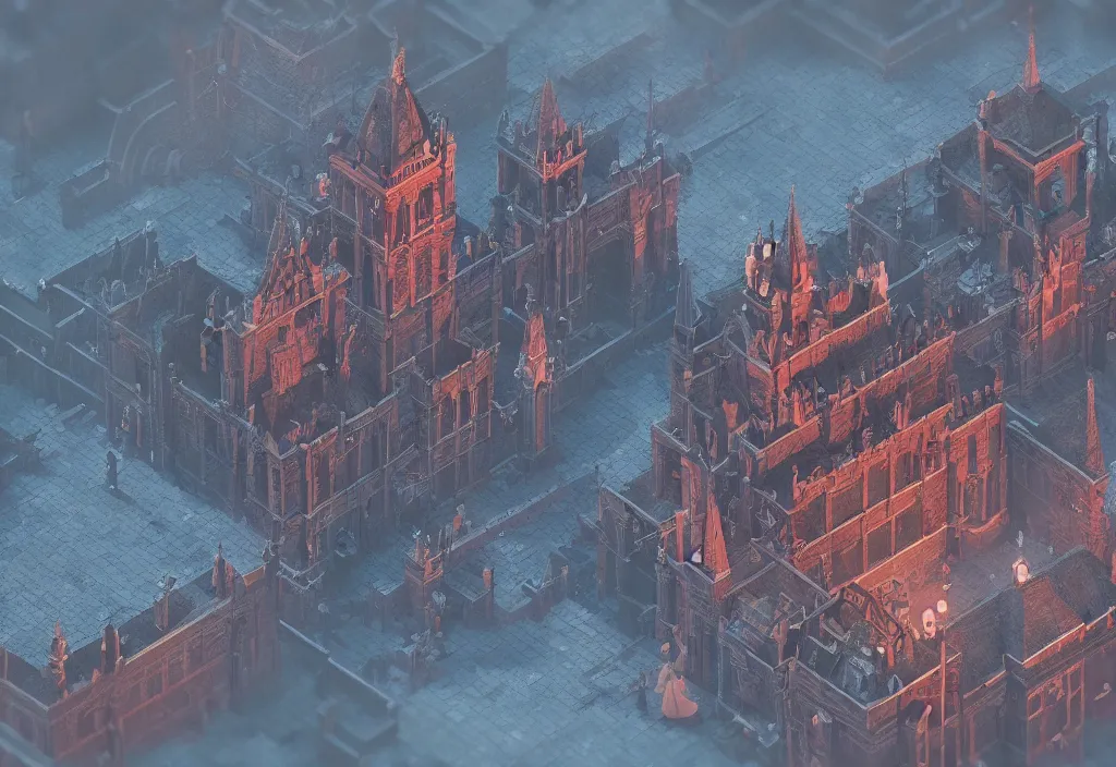 Image similar to isometric magicavoxel Bloodborne ghibli cinematic lighting, 4k