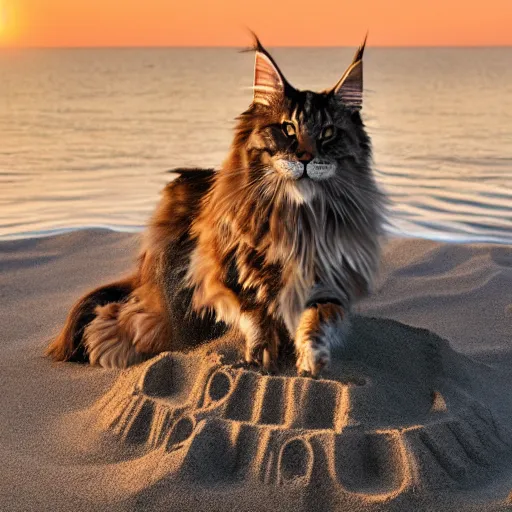 Prompt: photorealistic high quality image of a Maine coon building a sandcastle on the beach during the golden hour