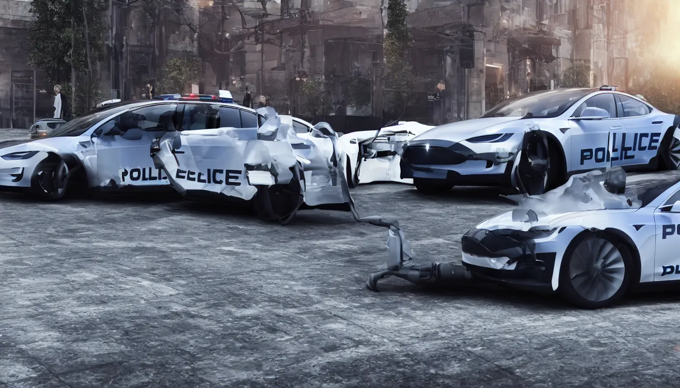 Prompt: Police Tesla, photorealistic, cinematic