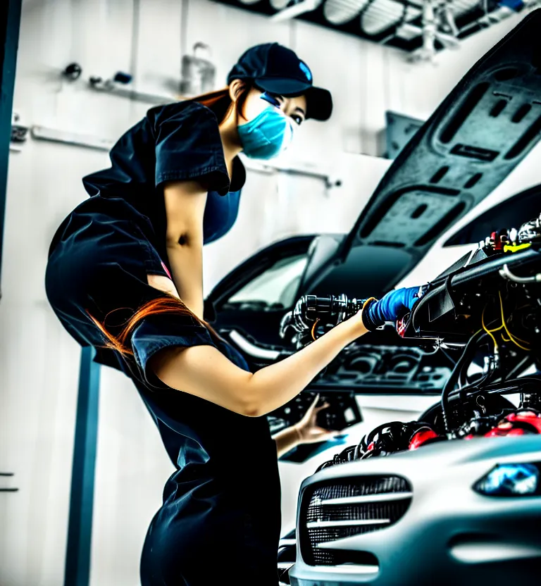 Prompt: a photo close up a female mechanic working on engine of a cyberpunk supercar, wearing mask, japanese tuning garage, cyberpunk gunma prefecture, midnight, photorealistic, cinematic color, studio lighting, highly detailed, bokeh, style by tomino - sama