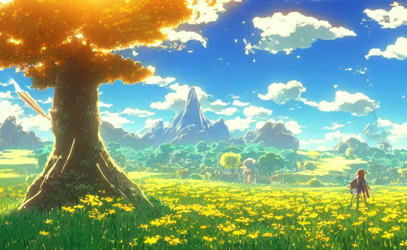 Image similar to fantastic anime sunny meadow with flowers, lone old Oak in the middle plane and mountains on the background, by Hayao Miyazaki, Nausicaa, Ghibli, Breath of the wild, Anime wallpaper