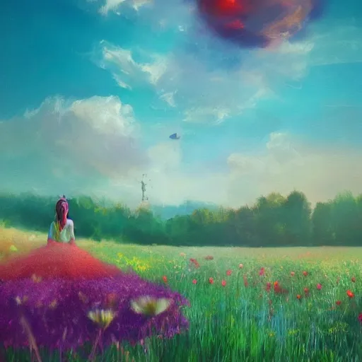 Image similar to large flower head, girl floating in a flower field, surreal photography, sunrise dramatic light, impressionist painting, colorful clouds, digital painting, artstation, simon stalenhag