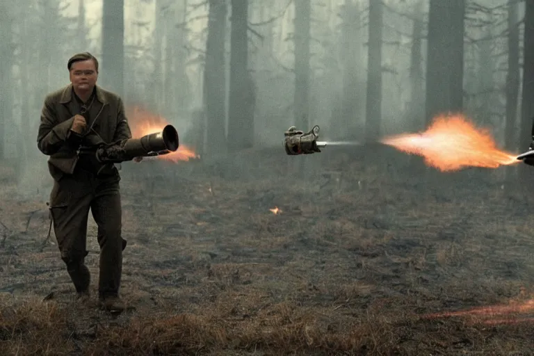 Image similar to leonardo dicaprio using a flamethrower on the nazis, movie still, cinematic, lens flare, directed by quentin tarantino