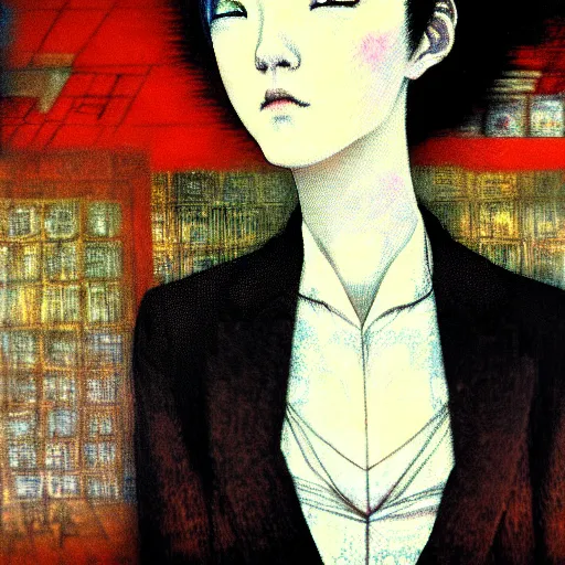 Image similar to yoshitaka amano blurred and dreamy realistic three quarter angle portrait of a young woman with short hair and black eyes wearing office suit with tie, junji ito abstract patterns in the background, satoshi kon anime, noisy film grain effect, highly detailed, renaissance oil painting, weird portrait angle, blurred lost edges