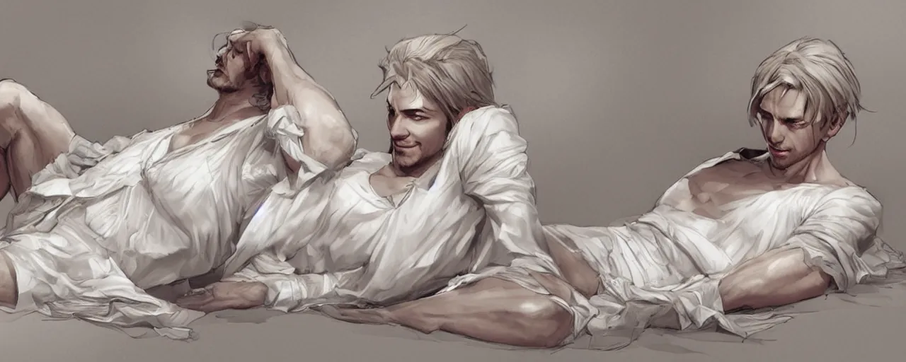 Image similar to character design, reference sheet, ancient white dress, relaxing, cute, young male, happy, beautiful, elegant, no shoes, open v chest clothes, long silver hair, concept art, photorealistic, hyperdetailed, 3d rendering! , art by Leyendecker! and constable,