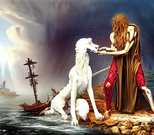 Image similar to The boatman of the river styx adopts an undead borzoi to be his companion in hades, realistic fantasy artwork, greek mythology, oil painting on matte canvas