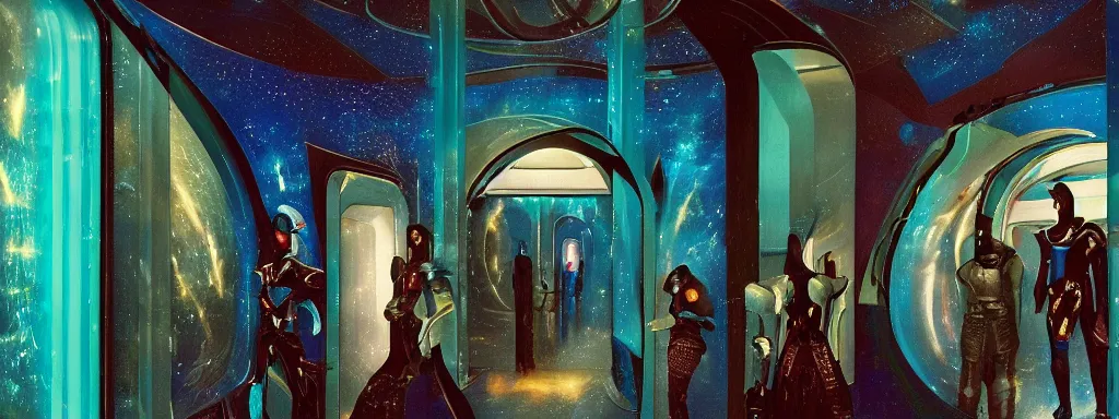 Prompt: sci - fi space ship corridor interior, with windows to night starry sky outer space, teal and turquoise, with middle eastern interior aesthetic, computers and digital monitors, neon lights, islamic interior design, futuristic luxurious women wearing knight armour, orientalist painting, by antoine jean gros, theodore chasseriau, pre - raphaelite brotherhood, oil painting on canvas, masterpiece,
