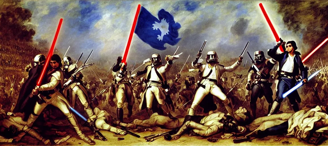 Image similar to liberty leading the people, french revolution, flag, quebec fleurdelise, blue fleur - de - lis, eugene delacroix, jedi, lightsaber, ewoks, at - st, tie - fighter, endor forest, oil on canvas