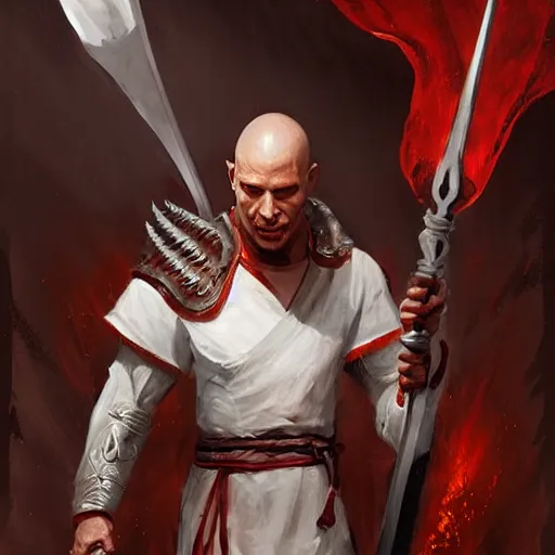 Prompt: a portrait of a red - skinned dragonborn monk with draconic face, in a plain white monk's robe white robe, holding a long spear with a black tip, fantasy art by greg rutkowski
