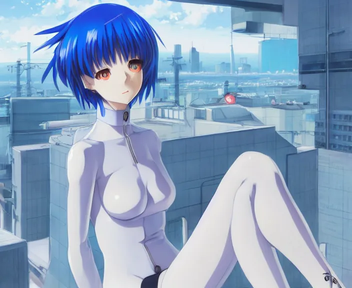 Image similar to anime art, fullbody shot of female rei ayanami, evangelion, long blue hair and large eyes, finely detailed perfect face, in a pale skintight plugsuit, sitting on rooftop, flooded city, trending on pixiv fanbox, by ilya kuvshinov, sola digital arts,, raytracing