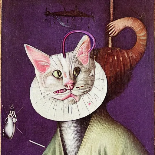 Image similar to portrait of the cat of cheshire bosch with pink and purple stripes and a malicious smile by hieronymus bosch. oil on wood