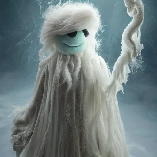 Image similar to an ethereal lovely fluffy ghost like live action muppet wraith like figure with a squid like parasite latched onto its head and four long tentacles for arms that flow gracefully at its sides like a cloak while it floats around a frozen rocky tundra in the snow searching for lost souls and that hides amongst the shadows in the trees, this character has hydrokinesis and electrokinesis is a real muppet by sesame street, photo realistic, real, realistic, felt, stopmotion, photography, sesame street