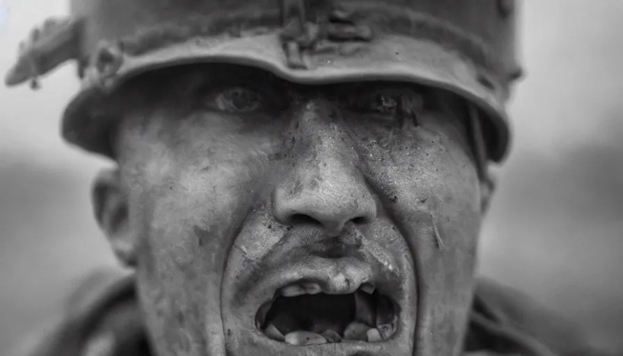 Image similar to World War 1 soldier screaming in anguish, close-up of face, wartorn landscape, dirty lens, shallow depth of field, cinematic lighting, IMAX, cinematography by Roger Deakins, 35mm