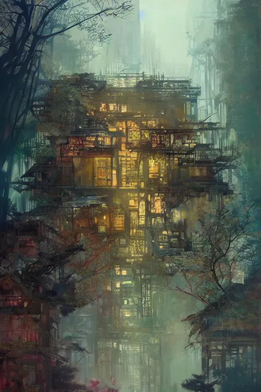 Image similar to (((((a ramshackle Manhattan brick brownstone deep in the forest))))) by Wenjun Lin!!!!!!!!!!!!!!!!!!!!!!!!!!!