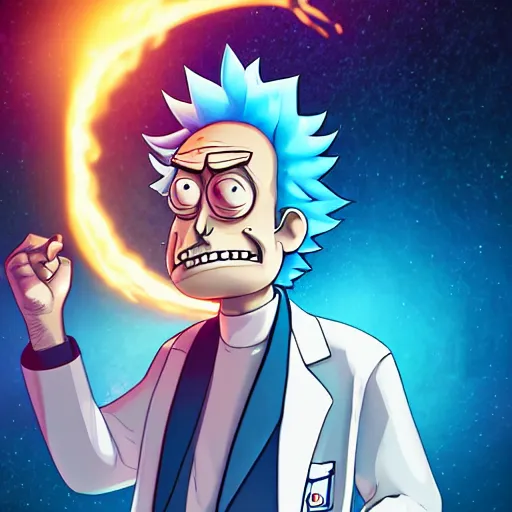 Prompt: portrait art illustration of rick sanchez from rick and morty, lab coat and tee shirt, lens flare, atmosphere, glow, detailed, intricate, full of colour, cinematic lighting, 4 k, hyperrealistic, focused, extreme details, cinematic, masterpiece