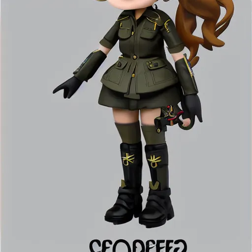 Image similar to a well built funny nendroid girl wearing a luxurious military uniform, highly detailed digital art, intricate, dark colors, cartoon lighting, 8 k