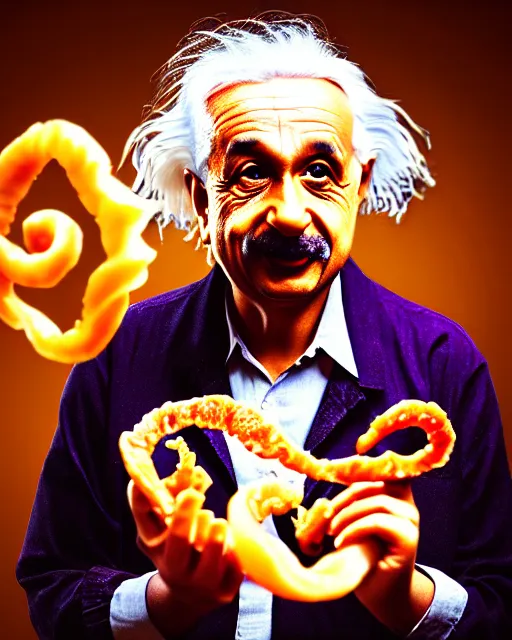 Image similar to A photo of Albert Einstein eating jalebi, highly detailed, trending on artstation, bokeh, 90mm, f/1.4