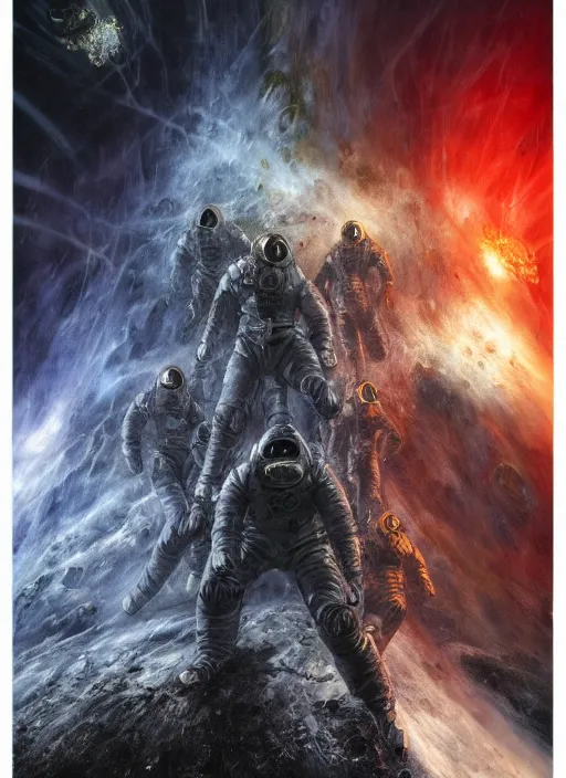 Image similar to astronauts in dark void underwater - complex and hyperdetailed technical suit. reflection and dispersion materials. rays and dispersion of light. volumetric light. f / 3 2. noise film photo. flash photography. ultra realistic, wide angle. poster by wayne barlowe, hajime sorayama aaron horkey, craig mullins