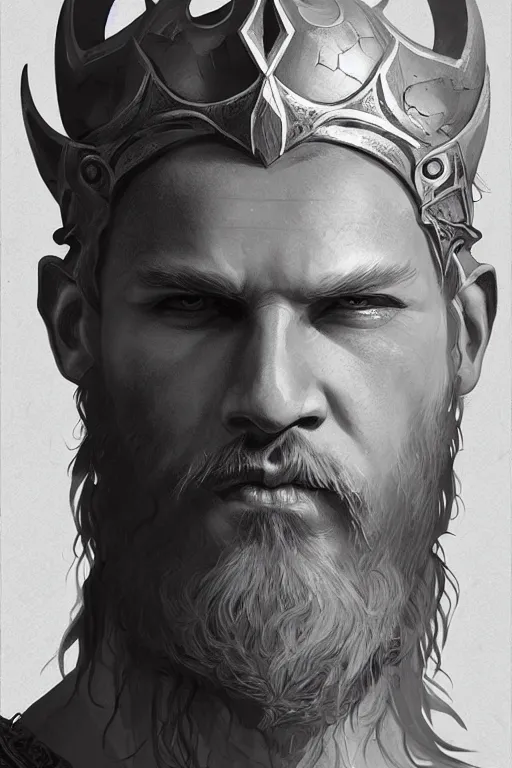 Prompt: half body portrait of a viking king, intricate, highly detailed, digital painting, artstation, concept art, sharp focus, illustration, art by Ross tran