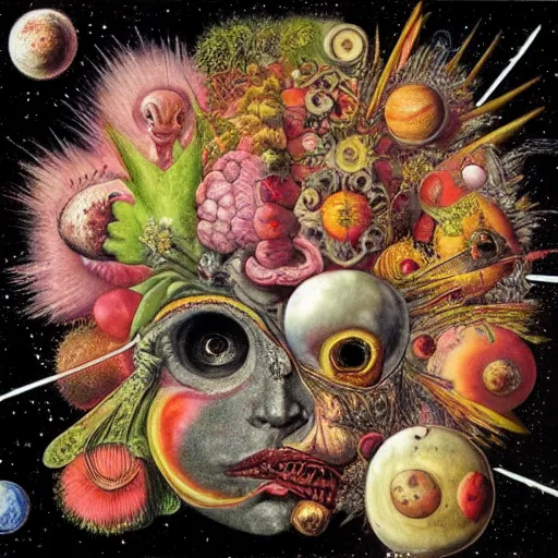 Prompt: album cover, space, magic, new age, black, white, pink, psychedelic, giuseppe arcimboldo