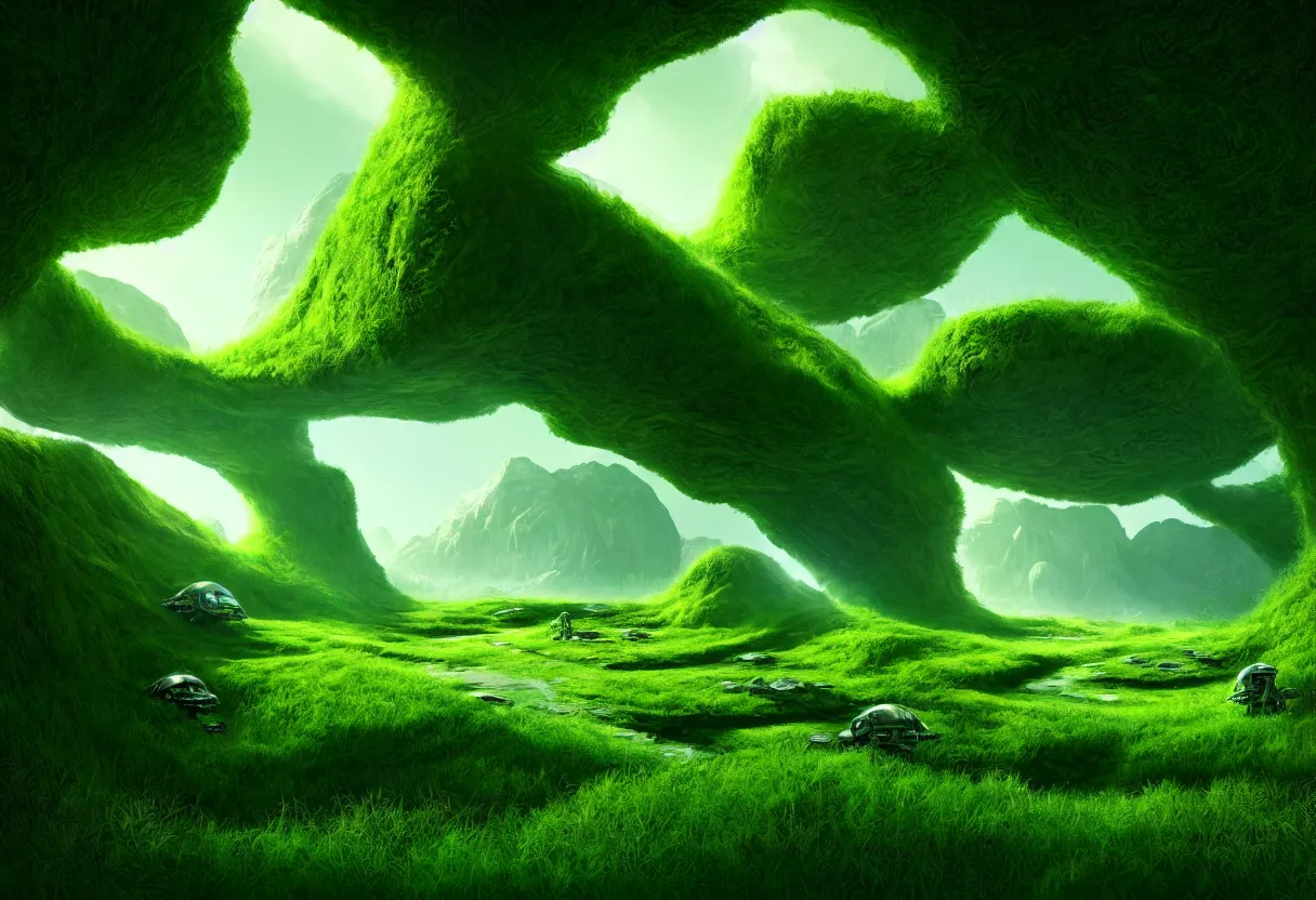 Image similar to inside of alien lush summer green landscape of human mind and imagination, matte painting, beautiful render, octane render, concept art