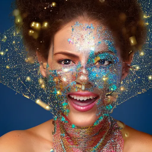 Prompt: portrait of a beautiful smiling futuristic woman layered with high-tech jewelry wrapping around her face and head, golden-silver light with tiny blue, gold, and red gems scattered like dust