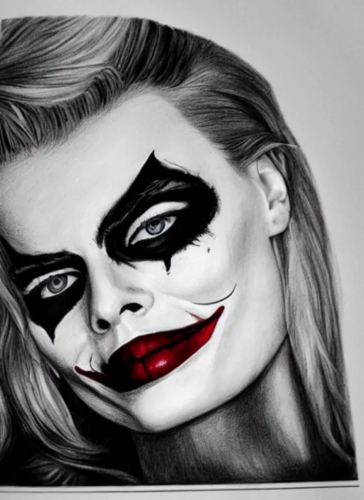 Prompt: a drawing margot robbie with joker makeup, ace card, realistic face, black and white, hyper realistic, highly detailed