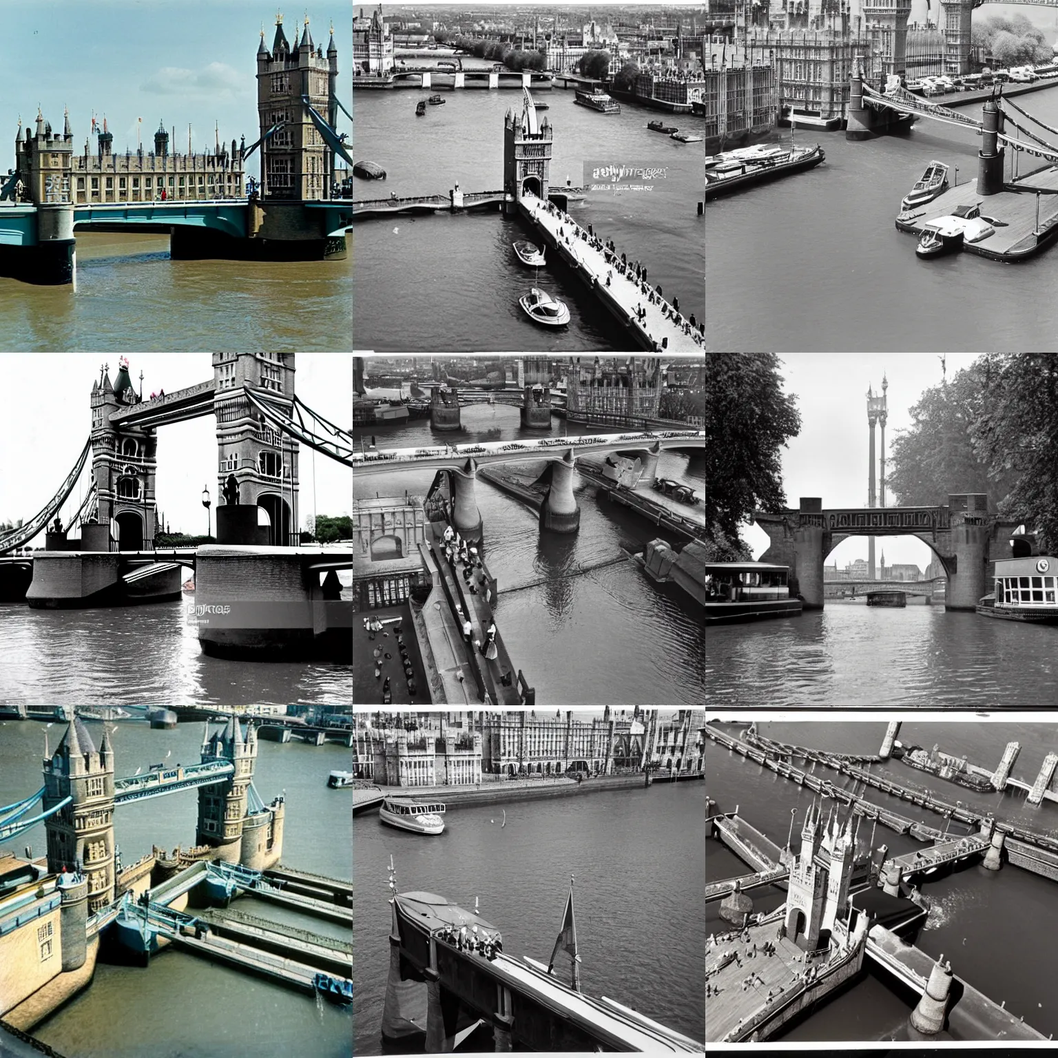 Prompt: drawbridge on the river thames in 1 9 6 5 london, color