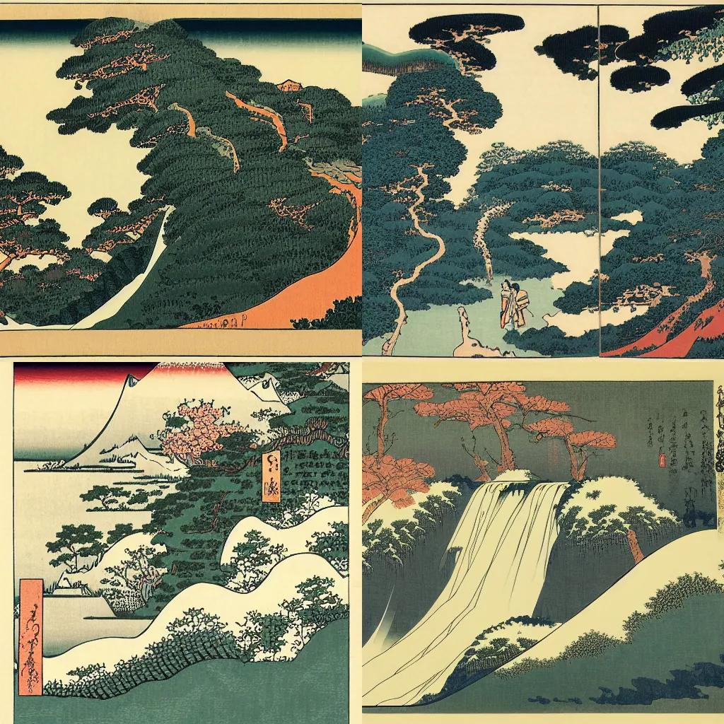 Prompt: a tour of waterfalls in various arby's, by hokusai