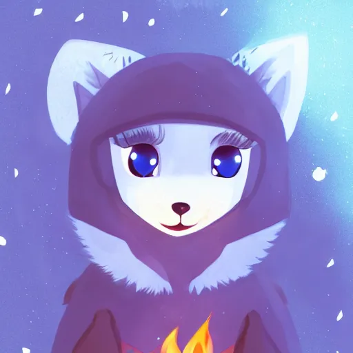 Image similar to cute girl anthro arctic fox with detailed blue eyes sitting around a campfire at night, full face, anime, detailed, trending on artstation, furry anthro fox, pixie, moe, illustration, digital art, concept art