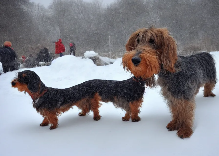 Image similar to Giant prehistoric woolly dachshund, in the middle of a snow storm