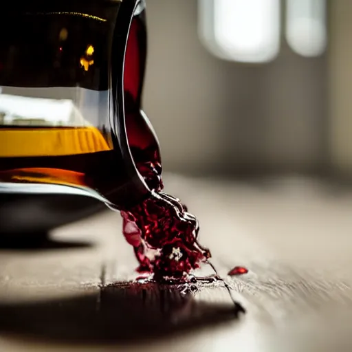Image similar to wine bottle hitting the floor, bottom part explode into pieces letting the wine escape but bottle upper part remain clean, clear view on the label, cinematographic realistic look