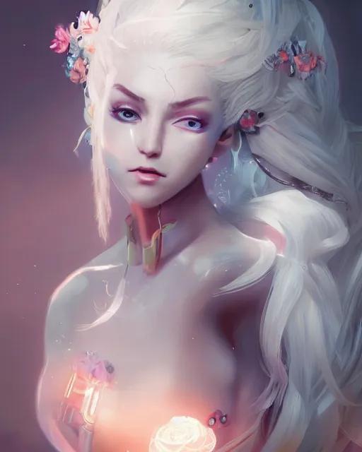 Prompt: cyborg girl with white hair, elegant, flower decorations, dreamy, illustration, atmosphere, top lighting, blue eyes, focused, artstation, highly detailed, art by yuhong ding and chengwei pan and serafleur and ina wong