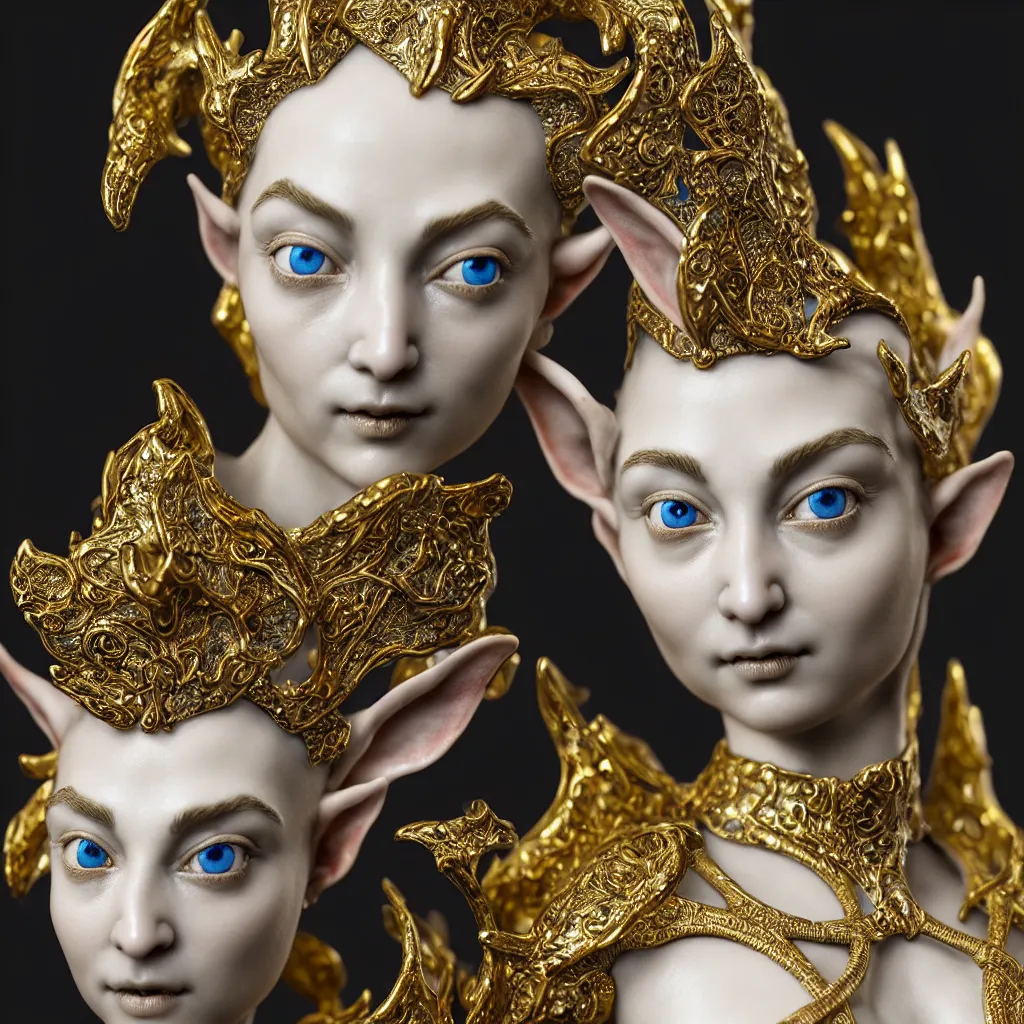 Image similar to a closeup photo - real delicate ceramic porcelain sculpture of an ornate detailed elf in front of an intricate background by rafael, micro detail, backlit lighting, subsurface scattering, translucent, thin porcelain, octane renderer, black and blue and gold jewelry, physically based rendering, trending on cgsociety