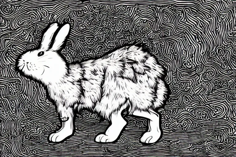 Prompt: a cute fluffy rabbit with a flint knife cuts through water, in a lowbrow, pop surrealism art style, rubberhose animation character style, intricate, line-drawing, black ink on white paper