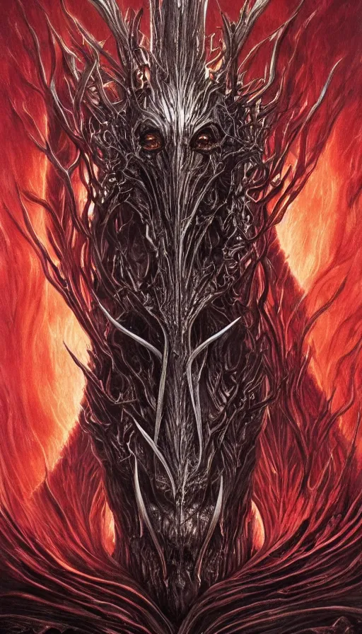 Prompt: Elden Ring and Lord of the Rings themed painting of majestic crimson fire necromancer lord Sauron, intricate artwork by Artgerm, Johnatan Wayshak, Zdizslaw Beksinski, Darius Zawadzki, H.R. Giger, Takato Yamamoto, masterpiece, very coherent artwork, cinematic, high detail, octane render, unreal engine, 8k, High contrast, golden ratio, trending on cgsociety, ultra high quality model, production quality cinema model