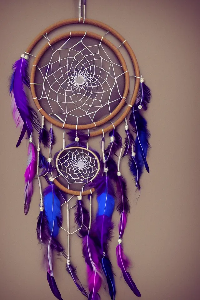 Image similar to a beautiful and intricate dreamcatcher made from bone and gnarled wood and blue and purple feathers, twisting, twirling, loops, hexagonal shapes, concept art, highly detailed, realistic, ornate, fine detail, 4k, octane render, vray, unreal engine