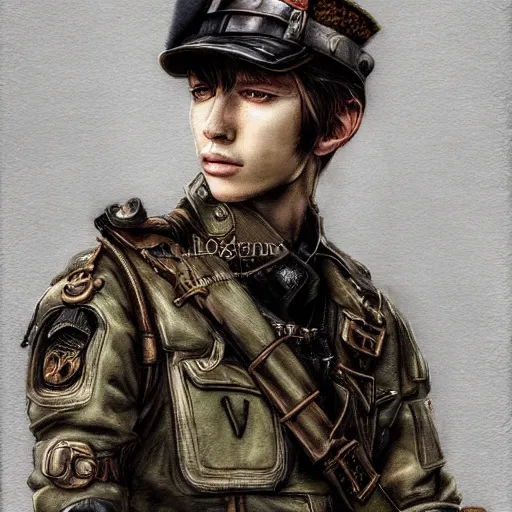 Prompt: portrait of a man by ayami kojima, polish, he is about 2 0 years old, blond hair with bangs, nervous but determined, he is wearing steampunk military fatigues, highly detailed portrait, digital painting, artstation, concept art, smooth, sharp foccus ilustration, artstation hq