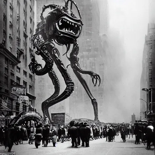 Prompt: old black and white photo, 1 9 1 3, depicting a giant biomechanical alien monster kaiju robot rampaging through the bustling streets of new york city, historical record