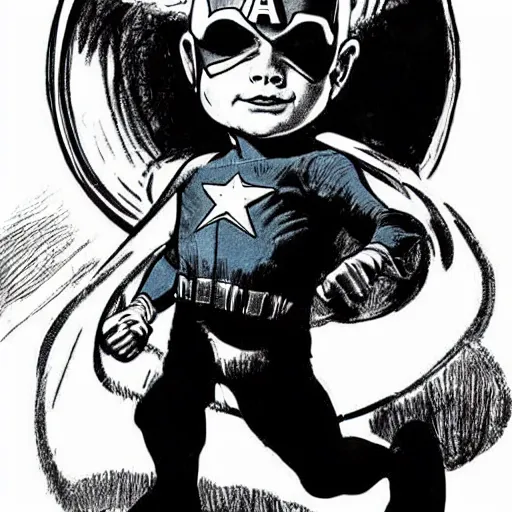 Image similar to a little boy with a mischievous face and short ginger hair. he is dressed as captain america, spider - man, batman, captain marvel, a superhero. well composed, clean elegant painting, beautiful detailed face. painting by steve ditko and jack kirby and alphonse mucha