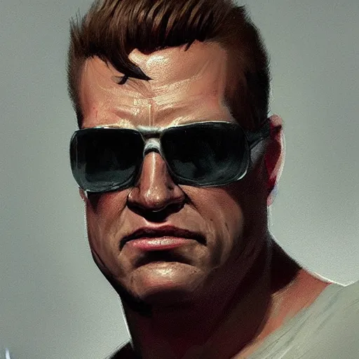 Image similar to a closeup portrait of duke nukem, dramatic lighting, chiaroscuro, high detail, painted by greg rutkowski, painted by igor kieryluk, painted by bobby chiu, trending on artstation