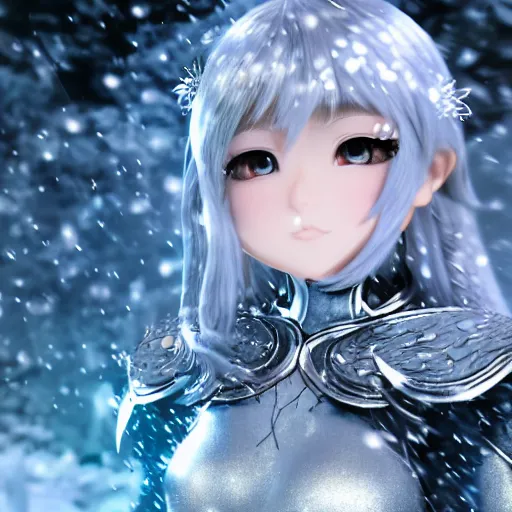 Image similar to portrait focus of knight beautiful 3D anime girl, silver Frozen ice armor wearing, dark forest background, snowing, bokeh, inspired by Masami Kurumada, digital painting, high contrast, unreal engine render, volumetric lighting, high détail