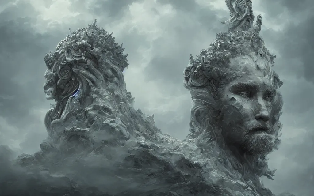 Prompt: portrait of demigod throne clouds, face made out of clouds, dramatic, intricate, elegant, detailed, digital painting, artstation, concept art, smooth, sharp focus, illustration, cinematic, gustave dore, octane render
