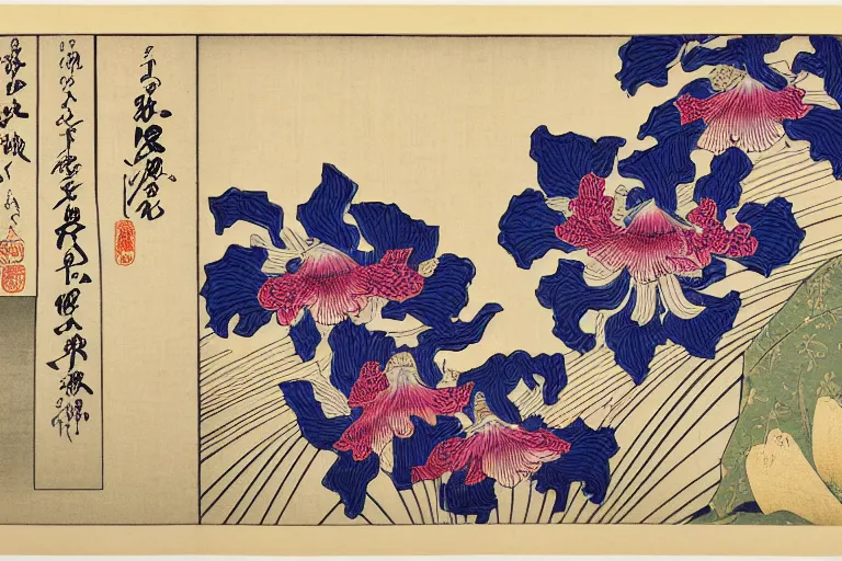 Image similar to a beautiful and hyperdetailed ukiyo - e drawing of tangled irises by katsushika hokusai, in style by utagawa kuniyoshi and utagawa hiroshige, japanese print art, intricate, elegant, fine, complex, chinese drawings 4 k